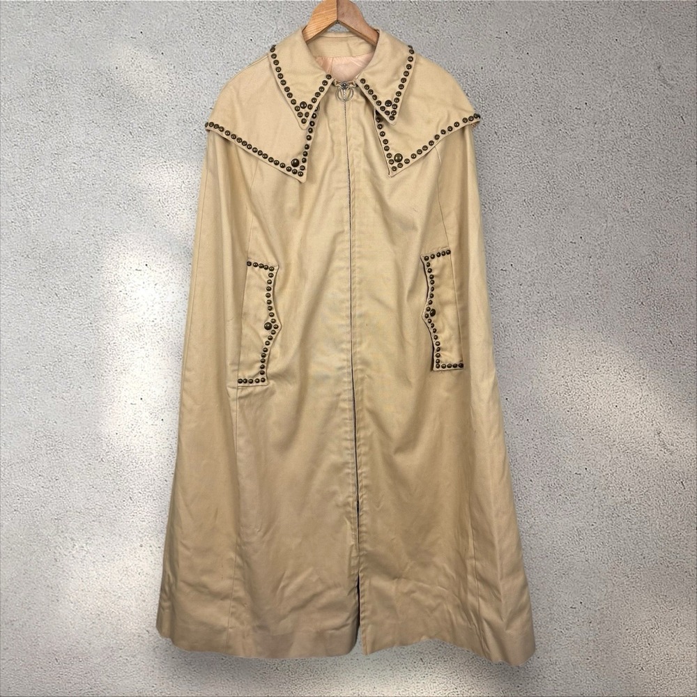 Vintage 70s Studded Western Cape Coat Canvas Duster OSFM‎ Waterbug